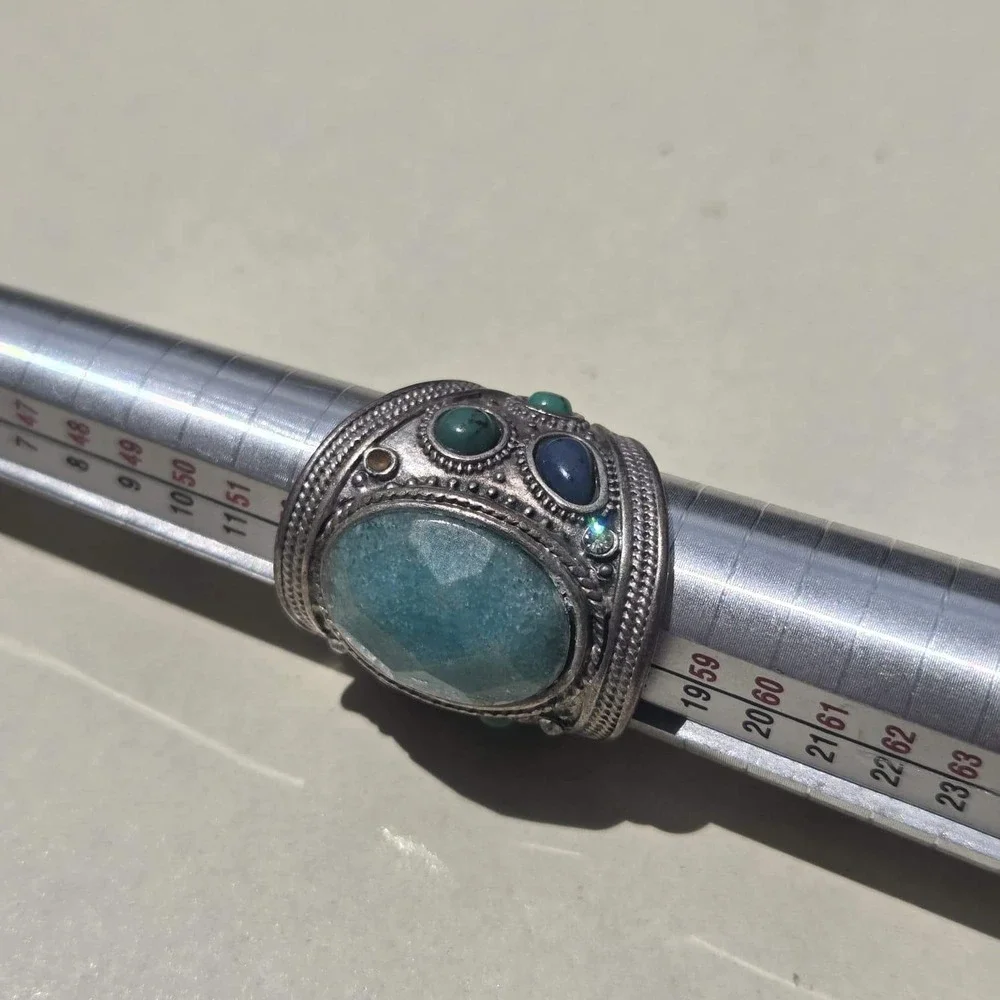 Vintage 925 Sterling Silver Mixed Stone Boho Statement Ring Size 7.25 Blue Green